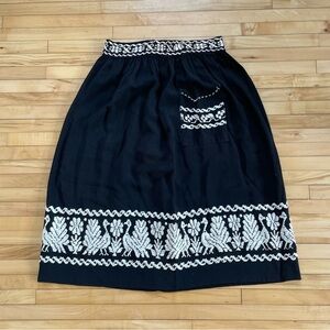 Embroidered Black Midi Skirt with White Floral Trim